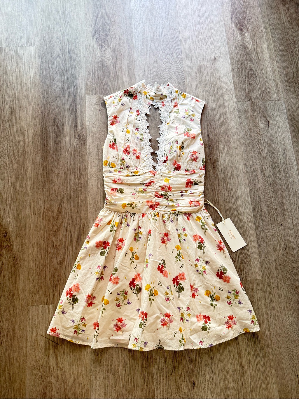 Arose Studio Cream Floral Print Lace Trim V-Neck Ruched Mini Sun Dress Small New